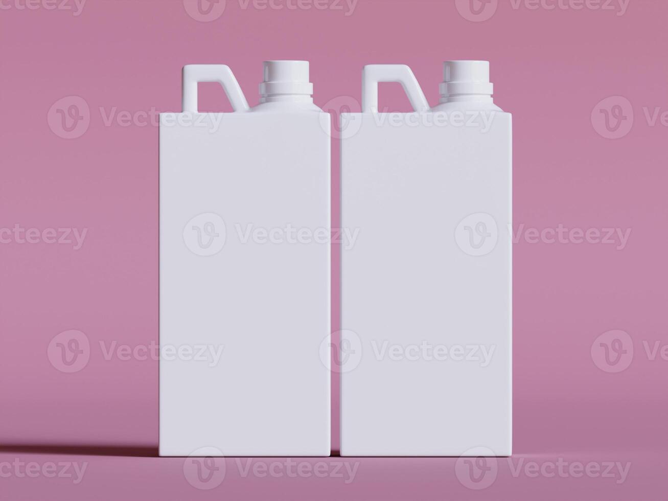 two white plastic canisters upright on soft pink background even lighting clean product shot photo