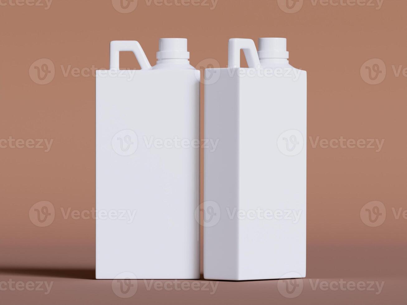 two white plastic canisters standing upright on light brown background soft shadows clean product shot photo