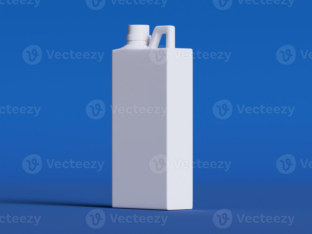 single white plastic canister upright centered on bright blue background soft shadows clean product photo