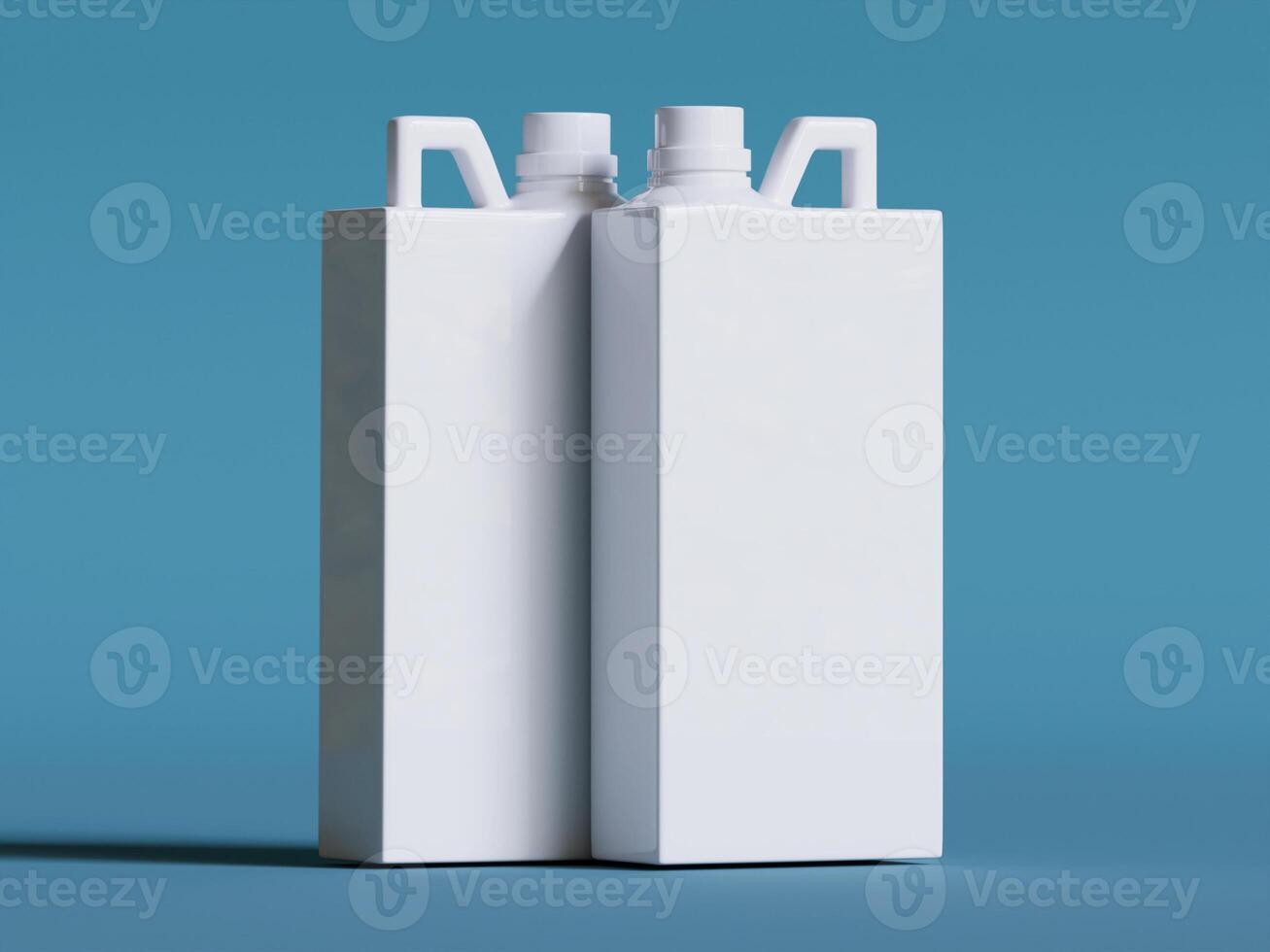 two white plastic canisters with caps standing close on teal background soft shadows product shot photo