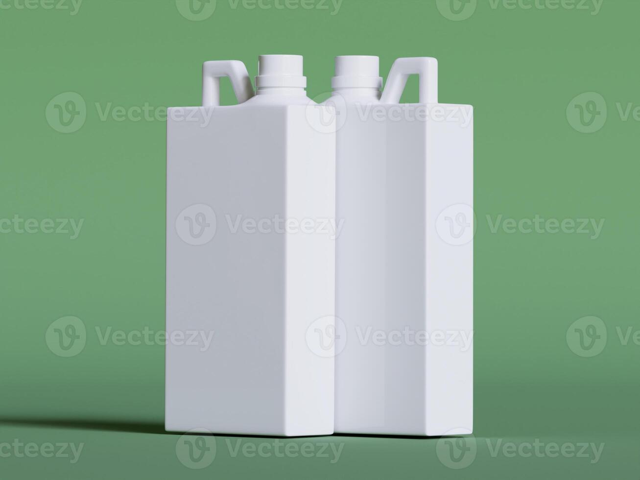 three white plastic canisters with caps upright on green background soft shadows clean product photo