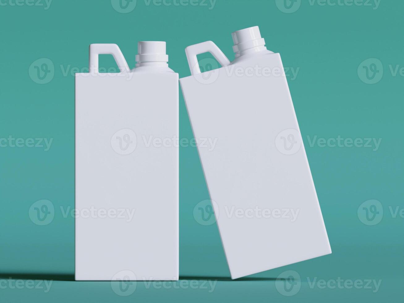 two white plastic canisters with caps upright on teal background evenly lit clean product shot photo