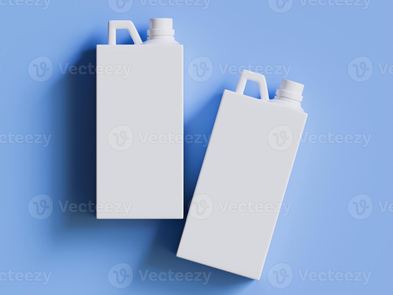 two white plastic canisters leaning together on blue background soft shadows bright product photo