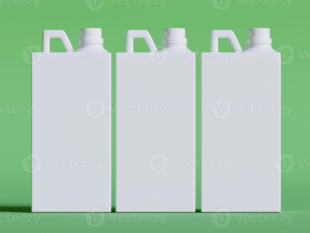 three white plastic canisters with caps standing side by side on green background soft shadows photo