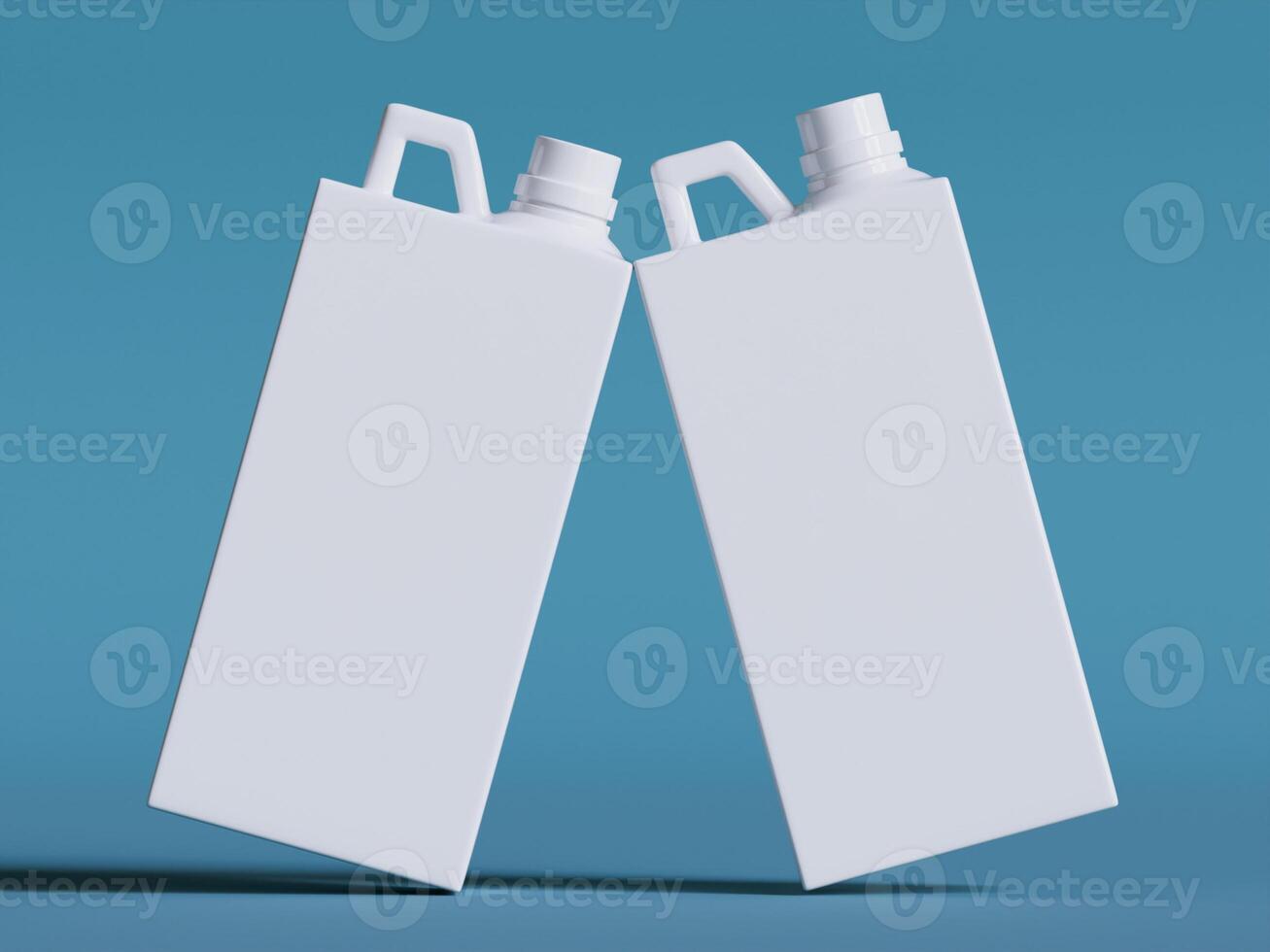 two white plastic canisters with caps on blue background leaning together bright clean shot soft shadows photo