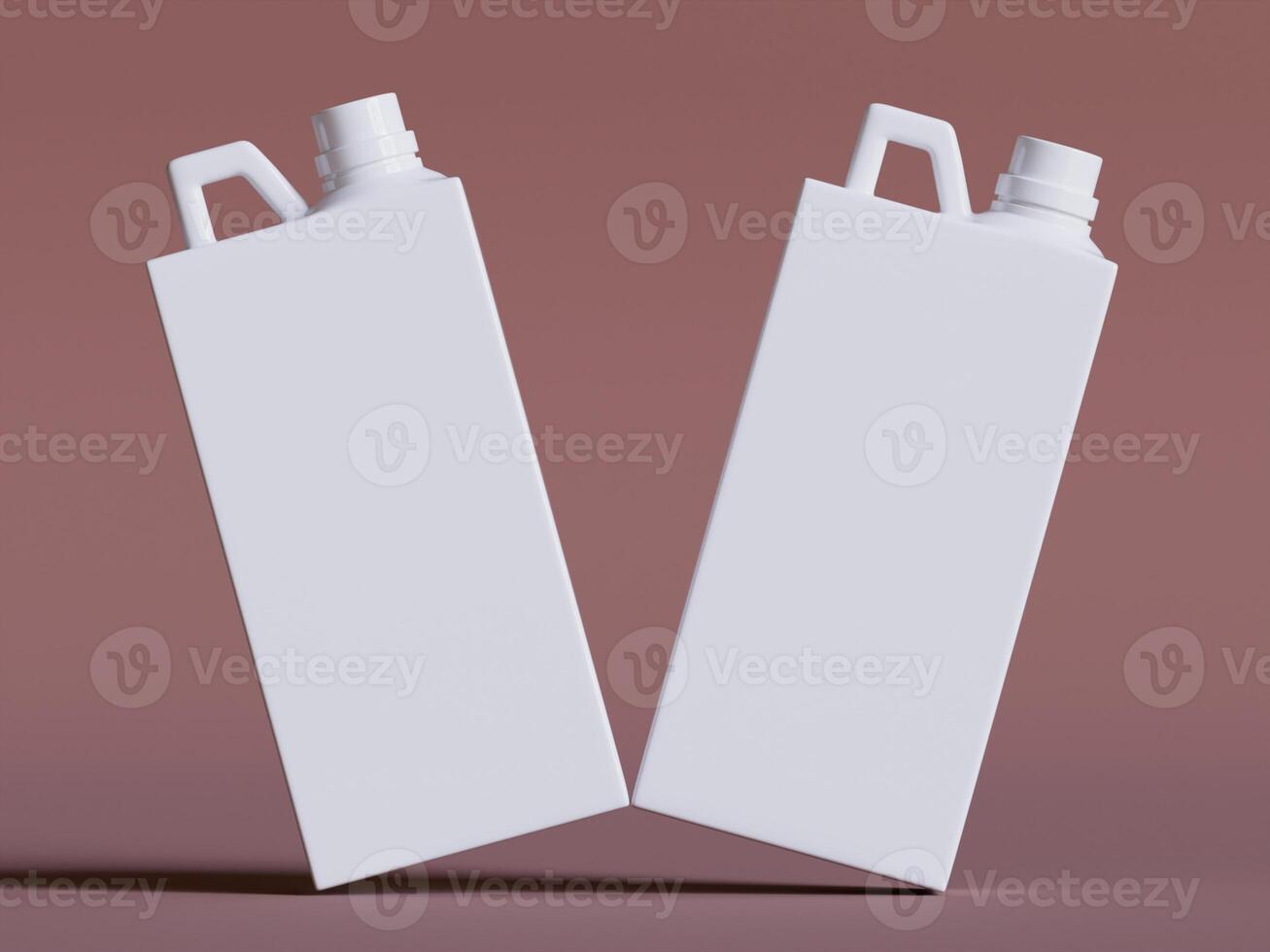 two white plastic canisters with caps upright on soft brown background even lighting product photo