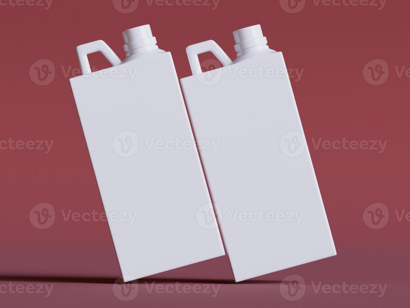 two white plastic canisters with caps leaning slightly on red background soft shadows clean product shot photo