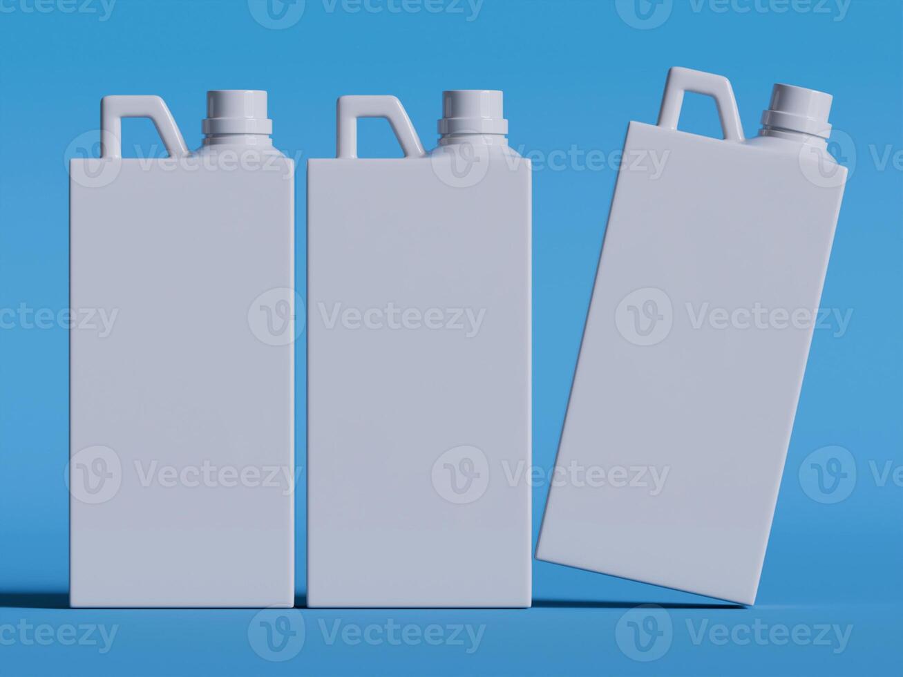 three white plastic canisters with handles and caps on blue background standing upright even spacing soft shadows photo