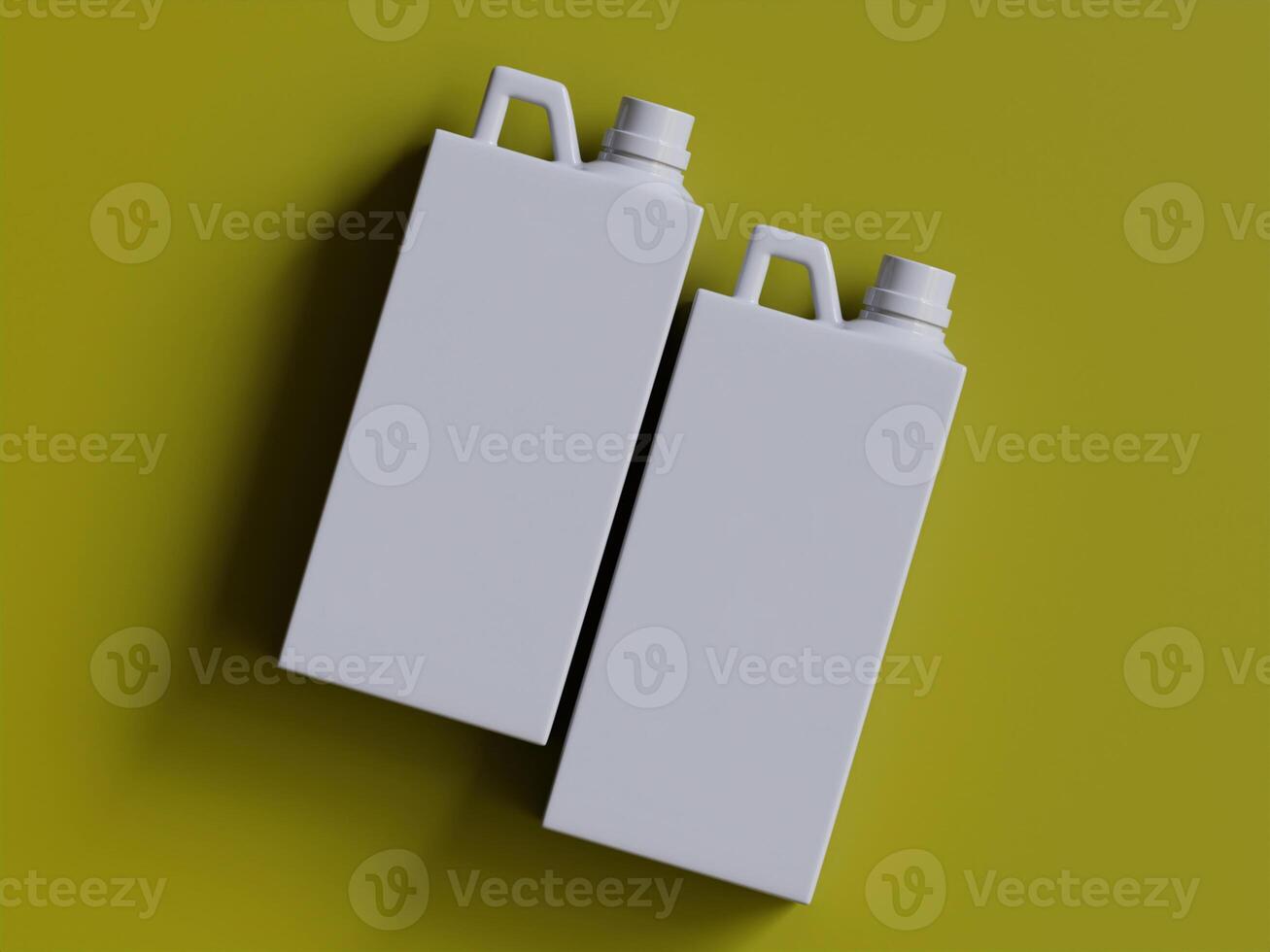 white plastic canisters with handles and caps on yellow background with soft shadows bright and clean product shot photo