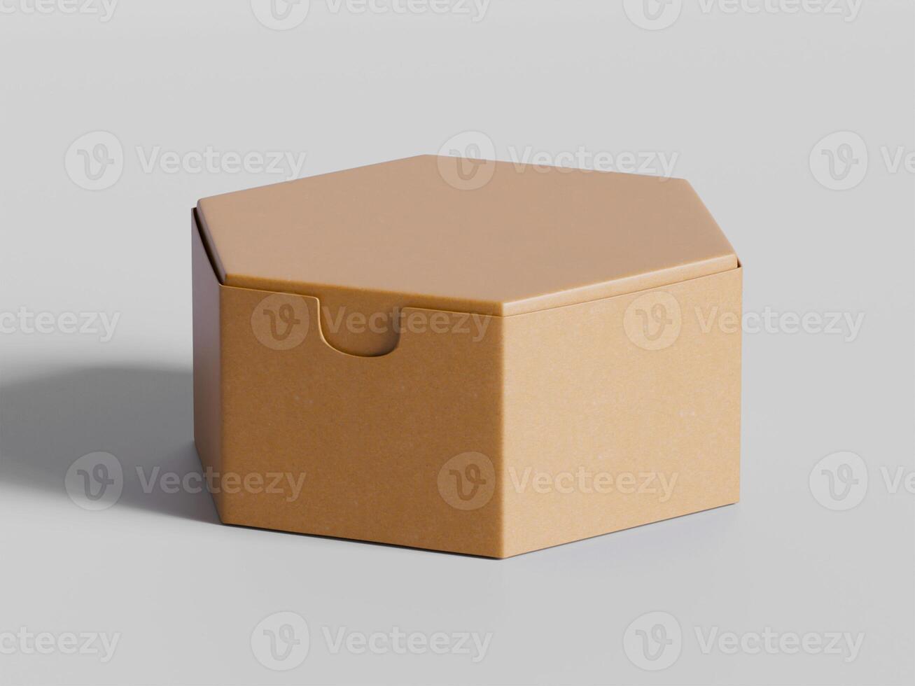 hexagon cardboard box front view closed lid soft light brown texture clean background photo