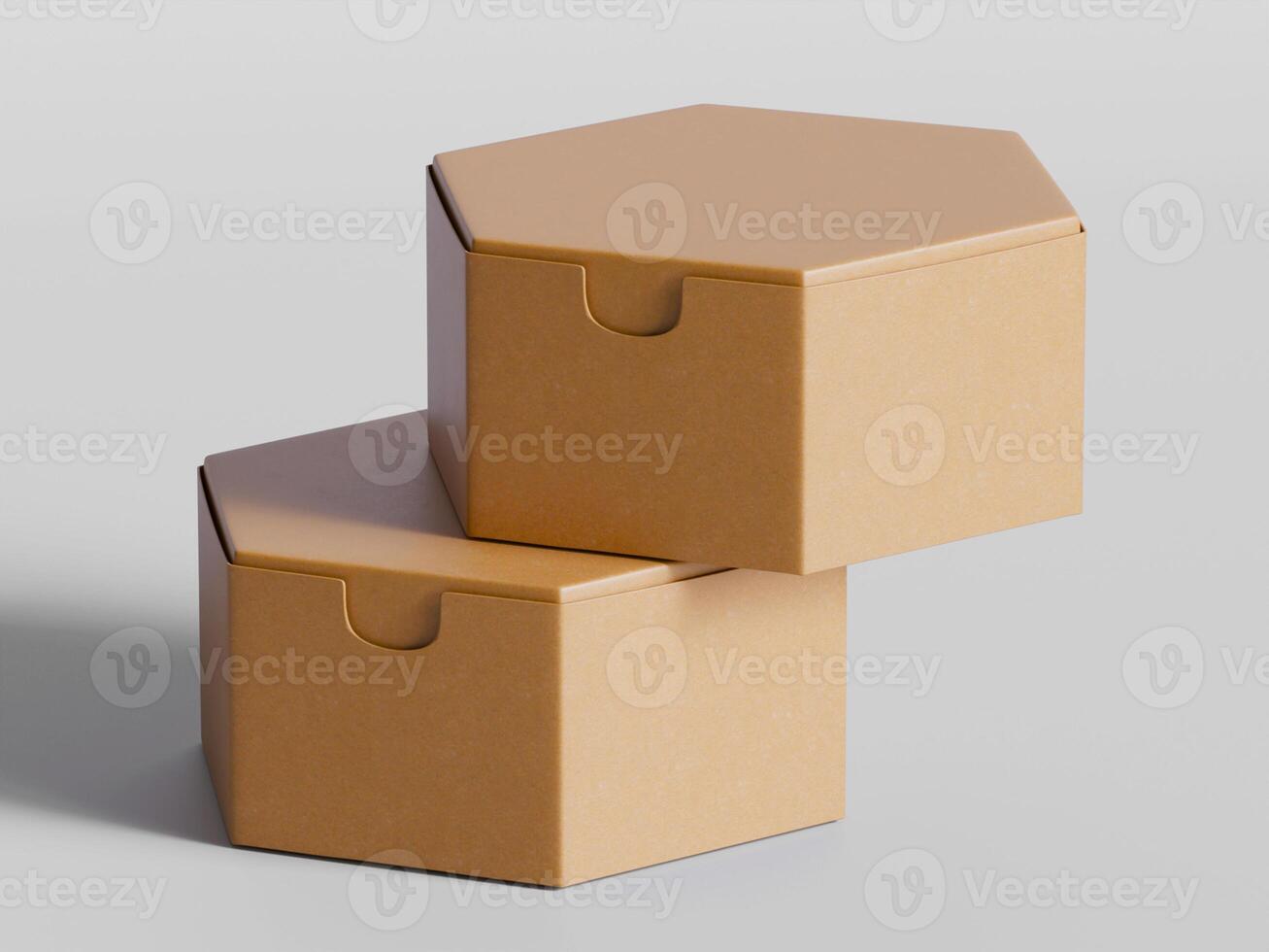 stacked hexagon cardboard boxes slight tilt brown texture soft shadows clean background photo