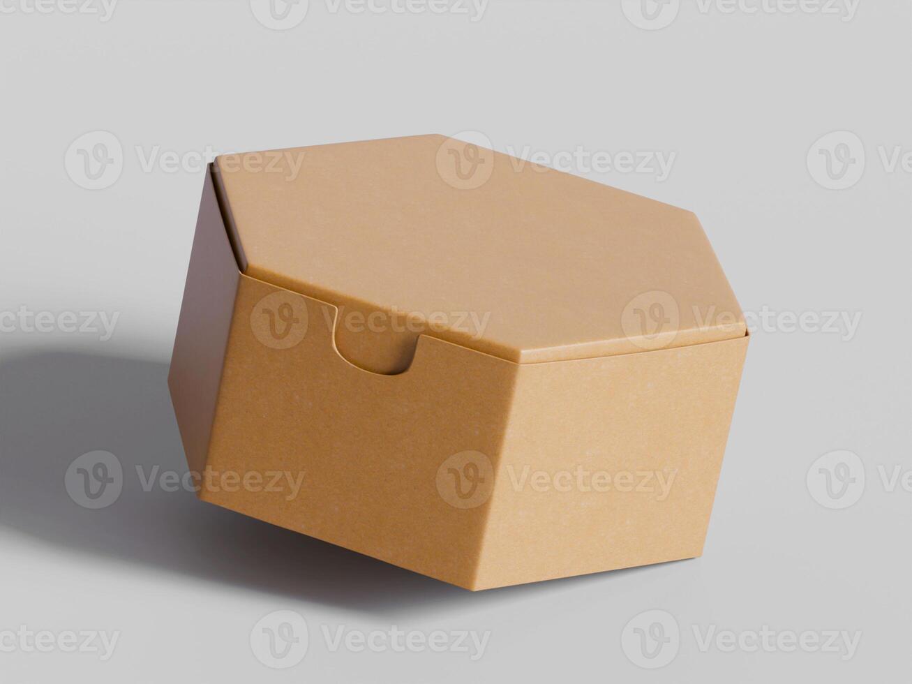 single hexagon cardboard box upright slight angle soft light brown texture clean background photo