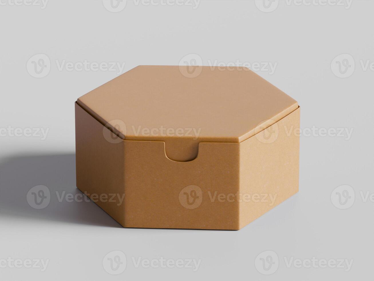 single hexagon cardboard box upright closed lid soft shadows brown texture clean background photo