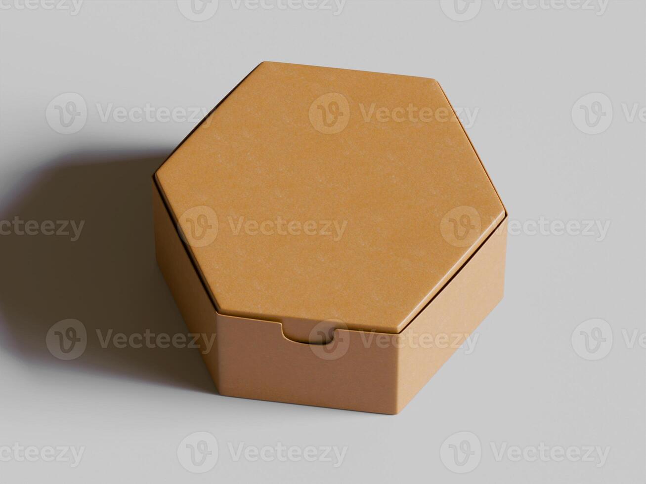 single hexagon box with latch detail front view clean background soft light brown texture photo