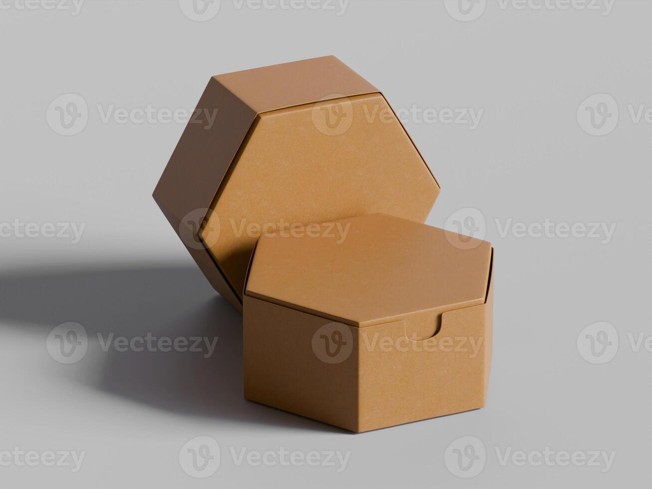 two hexagon cardboard boxes one resting diagonally on other clean background shadows photo