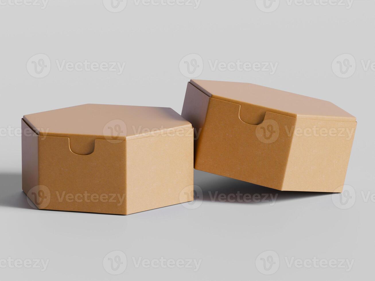 two hexagon cardboard boxes side by side soft light brown texture clean background slight angle photo