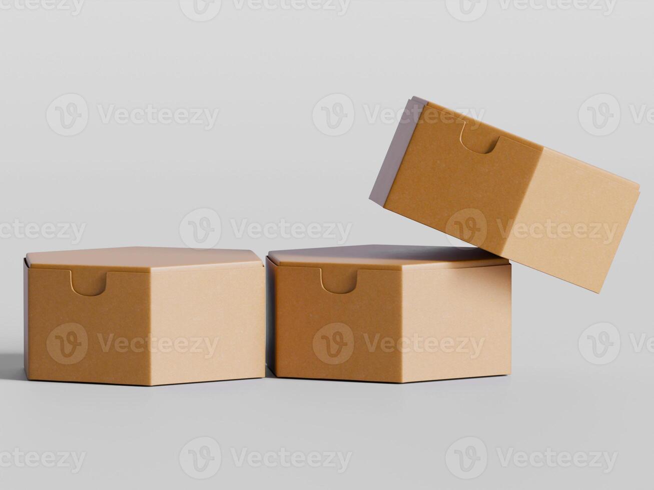 three rectangular cardboard boxes two flat one tilted on top clean minimal background photo