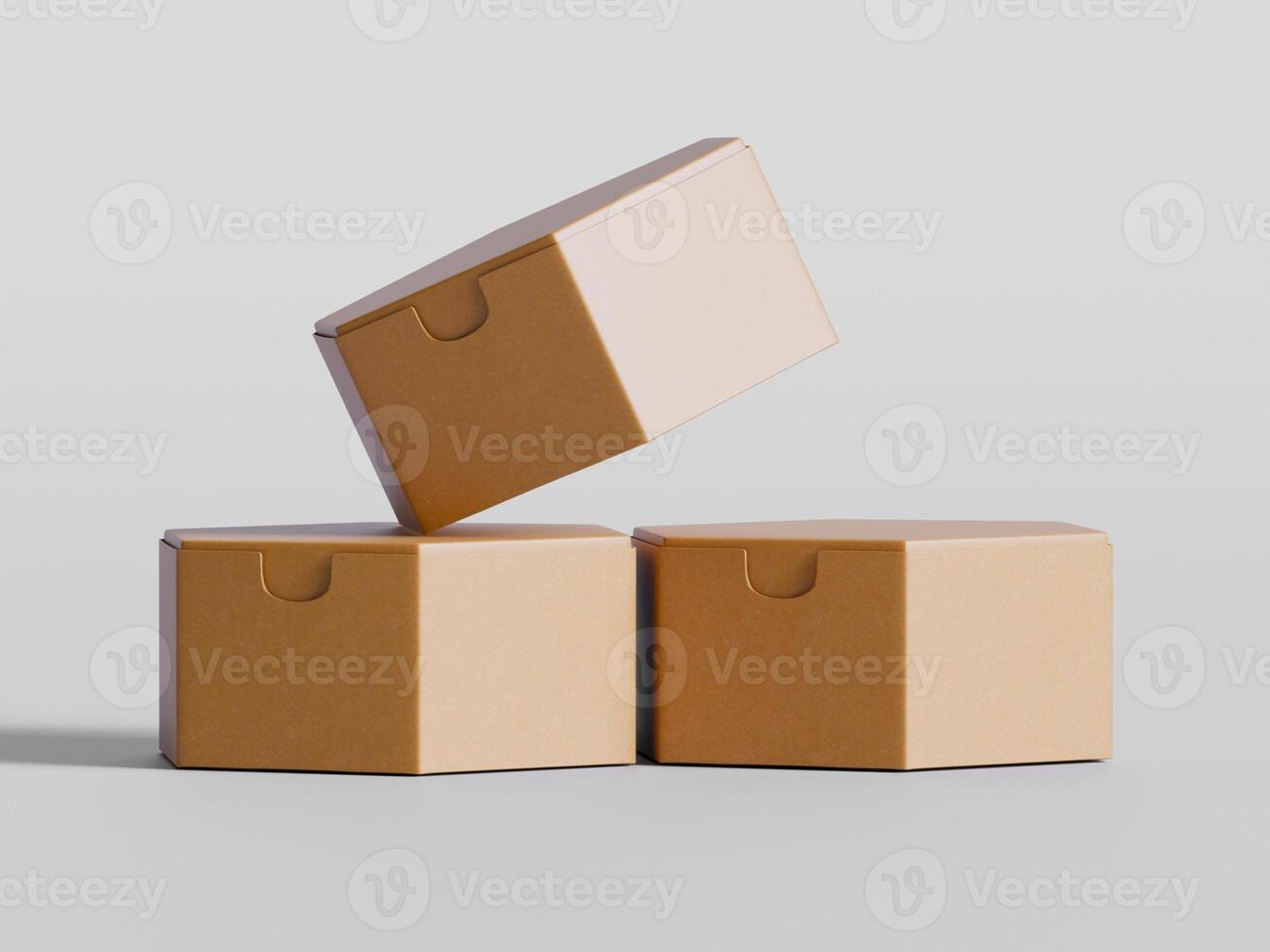 three cardboard boxes with one tilted on top clean soft light grey photo