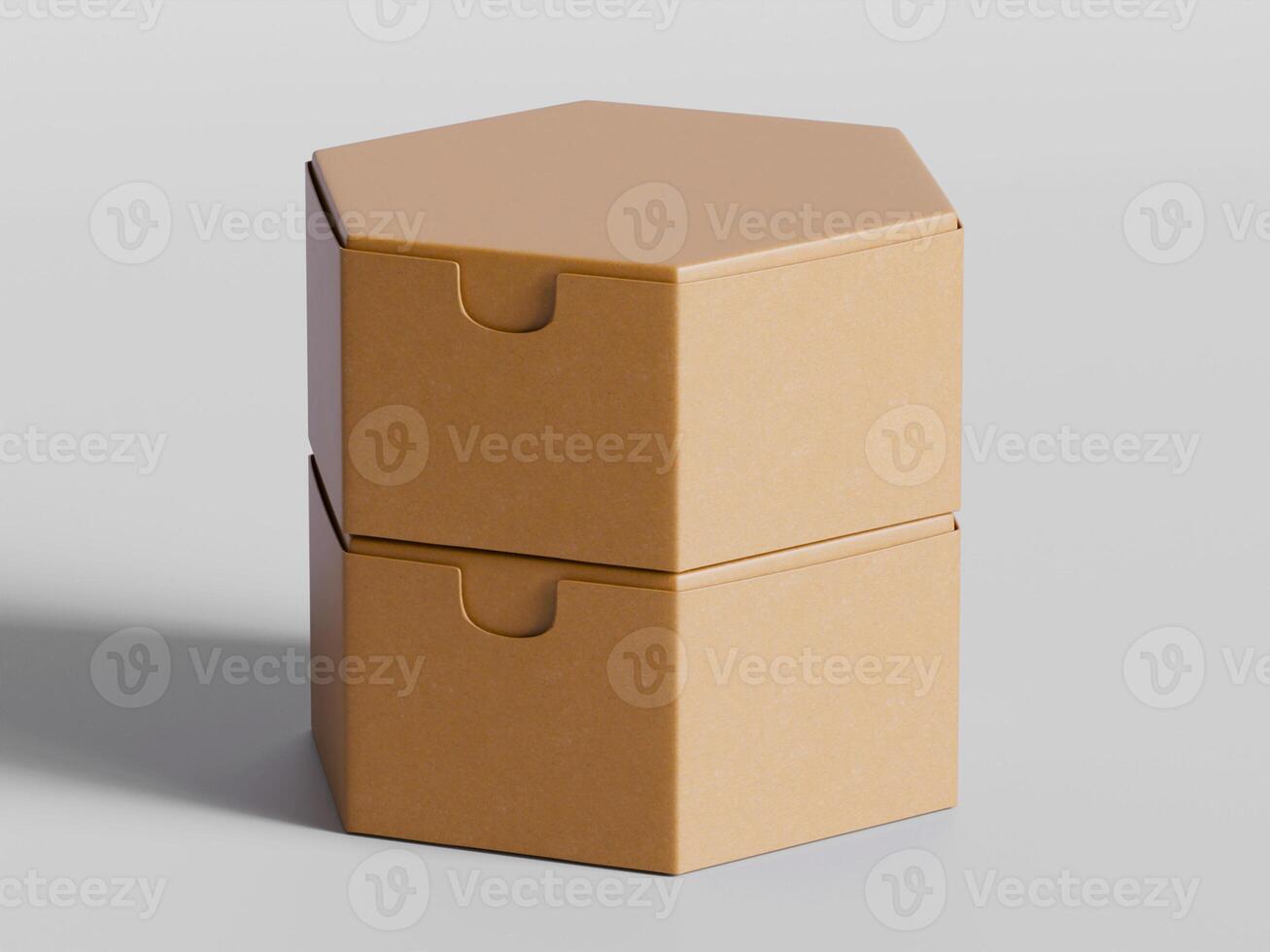 two stacked hexagon cardboard boxes placed neatly on neutral grey surface soft shadows photo