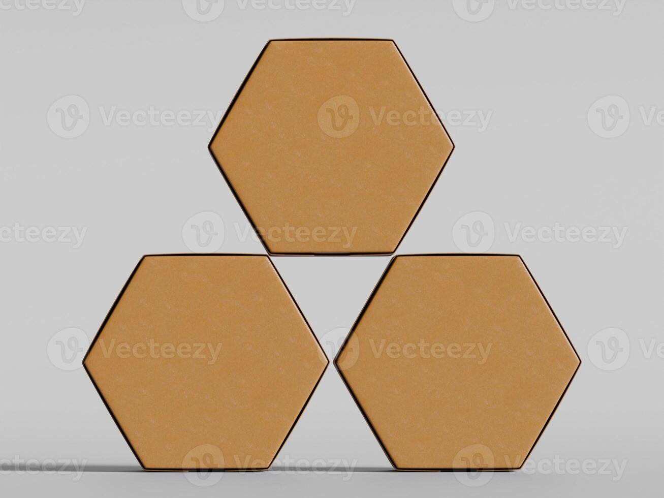 four hexagon cardboard boxes forming honeycomb cluster clean brown design soft shadows photo