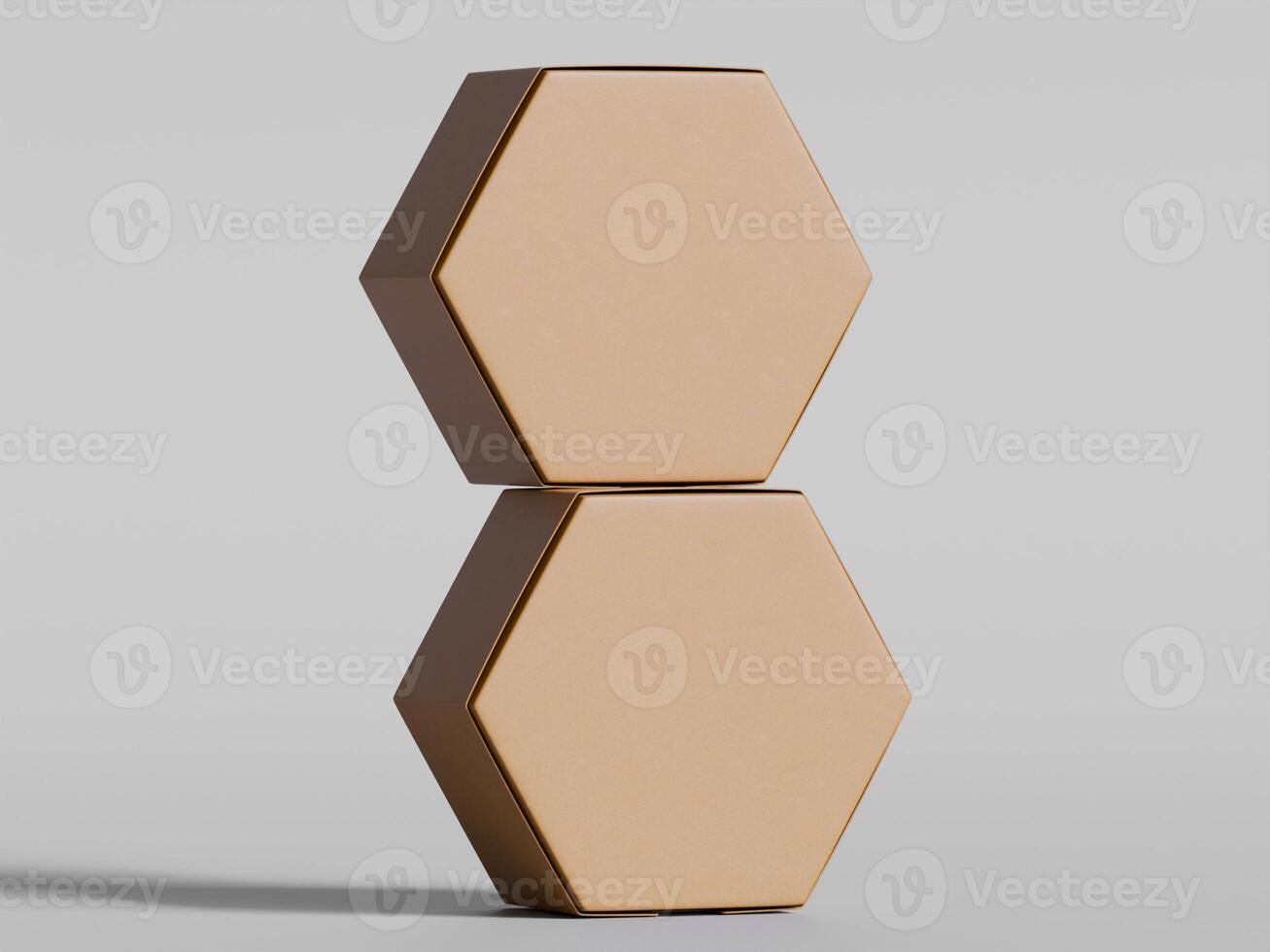 three stacked hexagon cardboard boxes balanced vertically clean lighting simple style photo
