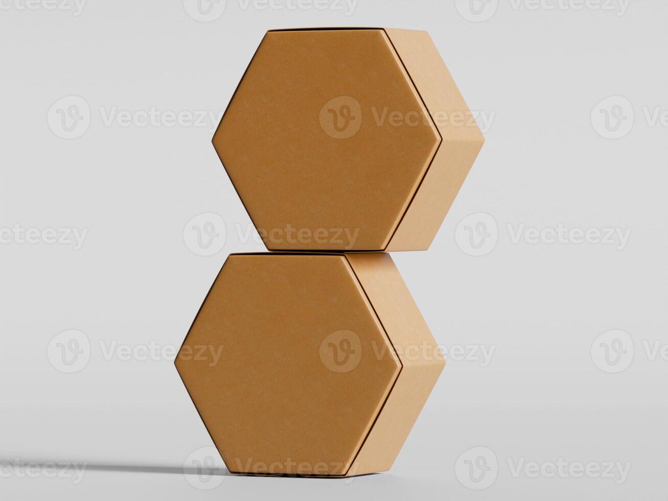 two stacked hexagon cardboard boxes balanced vertically on clean neutral background photo