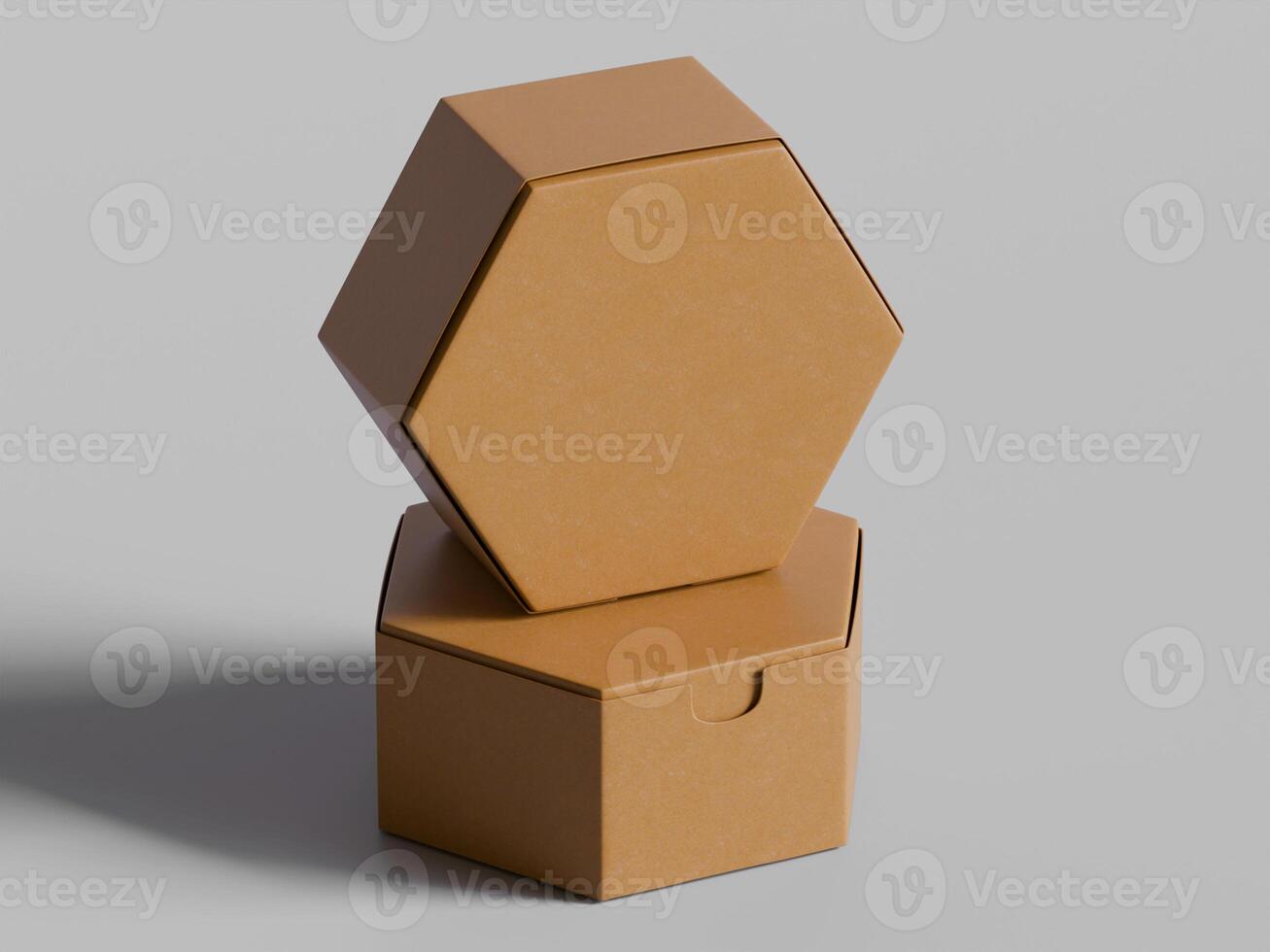 stacked hexagon cardboard boxes one standing on edge minimal background soft shadows photo