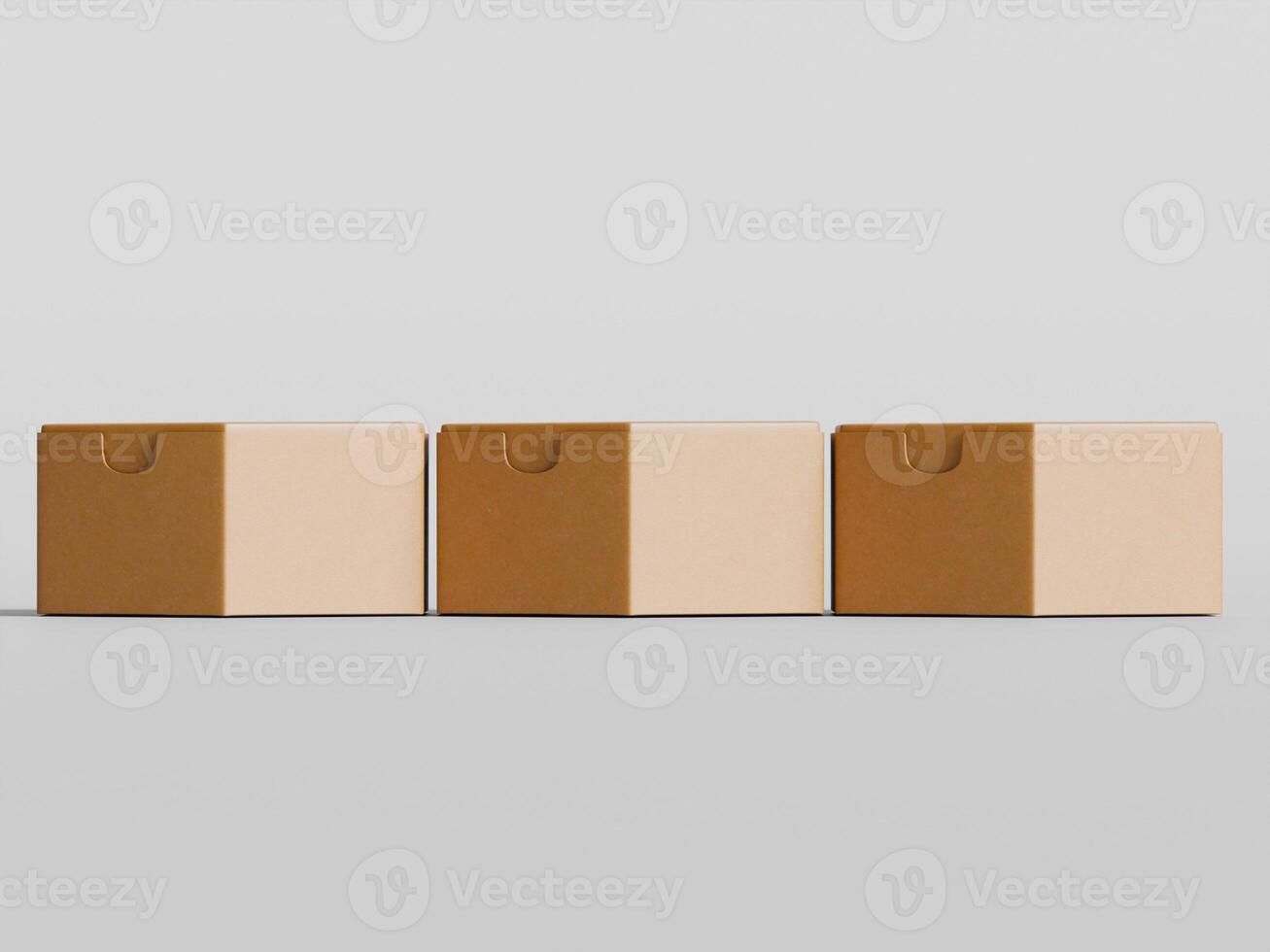 row of five small rectangular cardboard boxes with simple design on grey background photo