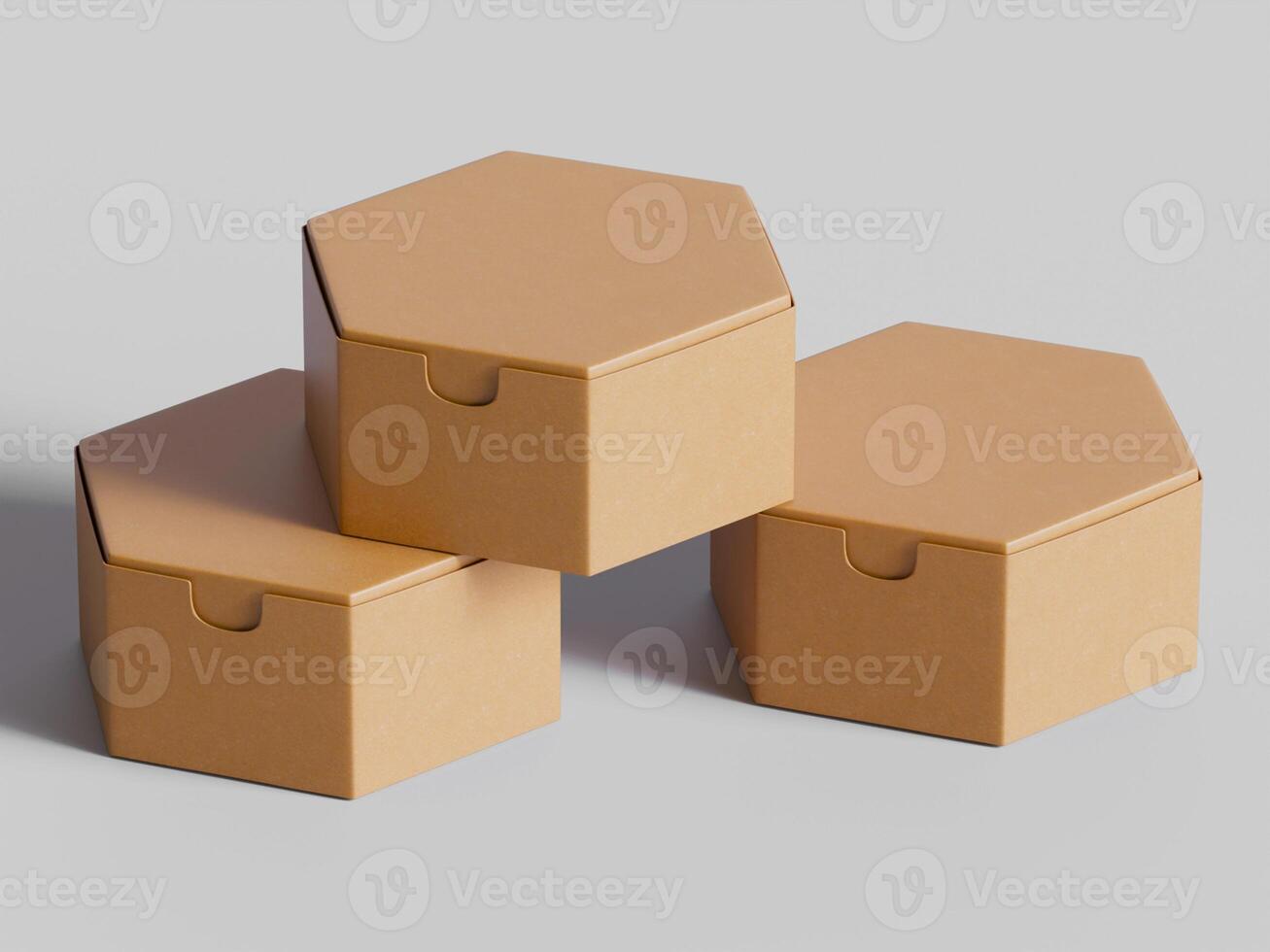 three hexagon boxes displayed at angles brown cardboard texture clean light background photo