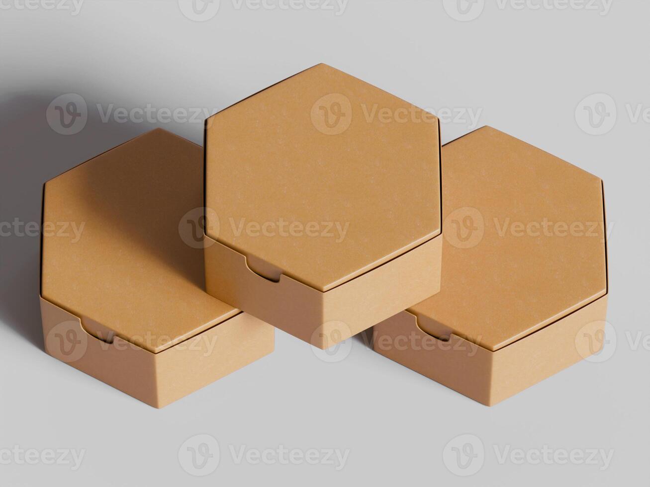 three hexagon cardboard boxes with lids slightly open clean background soft shadows photo