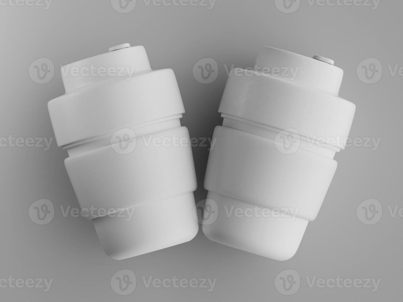 two insulated water bottles leaning together matte white finish metallic bands soft shadows clean background photo