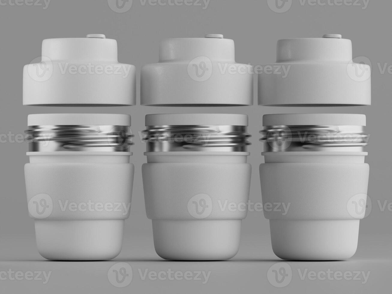 three insulated water bottles with metallic bands upright matte white finish minimal background photo