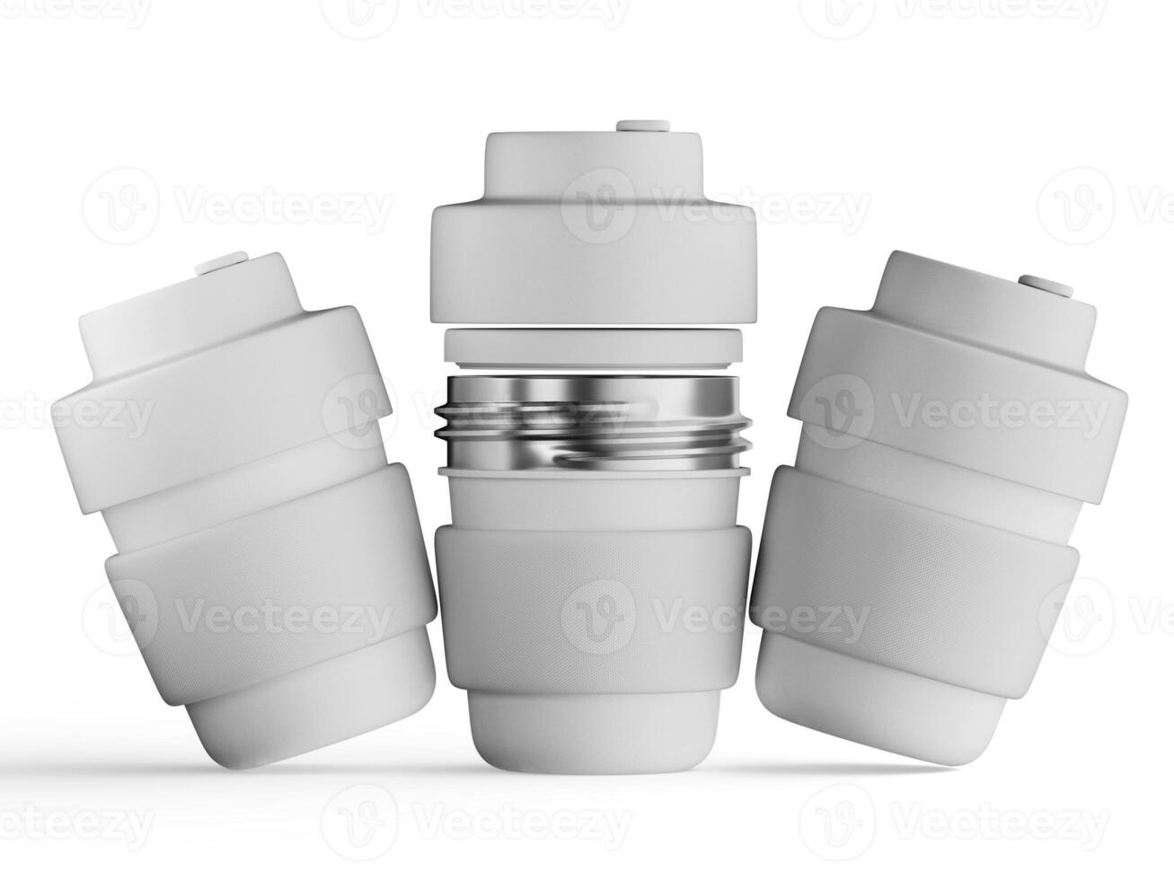 four insulated water bottles with matte white finish leaning at angles against each other soft shadows photo