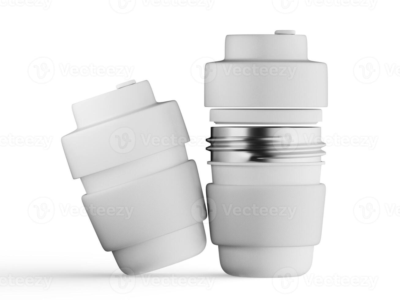 two insulated water bottles with metallic accent ring around middle matte white finish simple soft background photo
