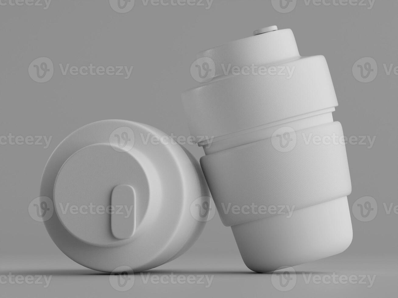 two insulated water bottles leaning against each other with one lid placed in front white matte surface soft lighting photo