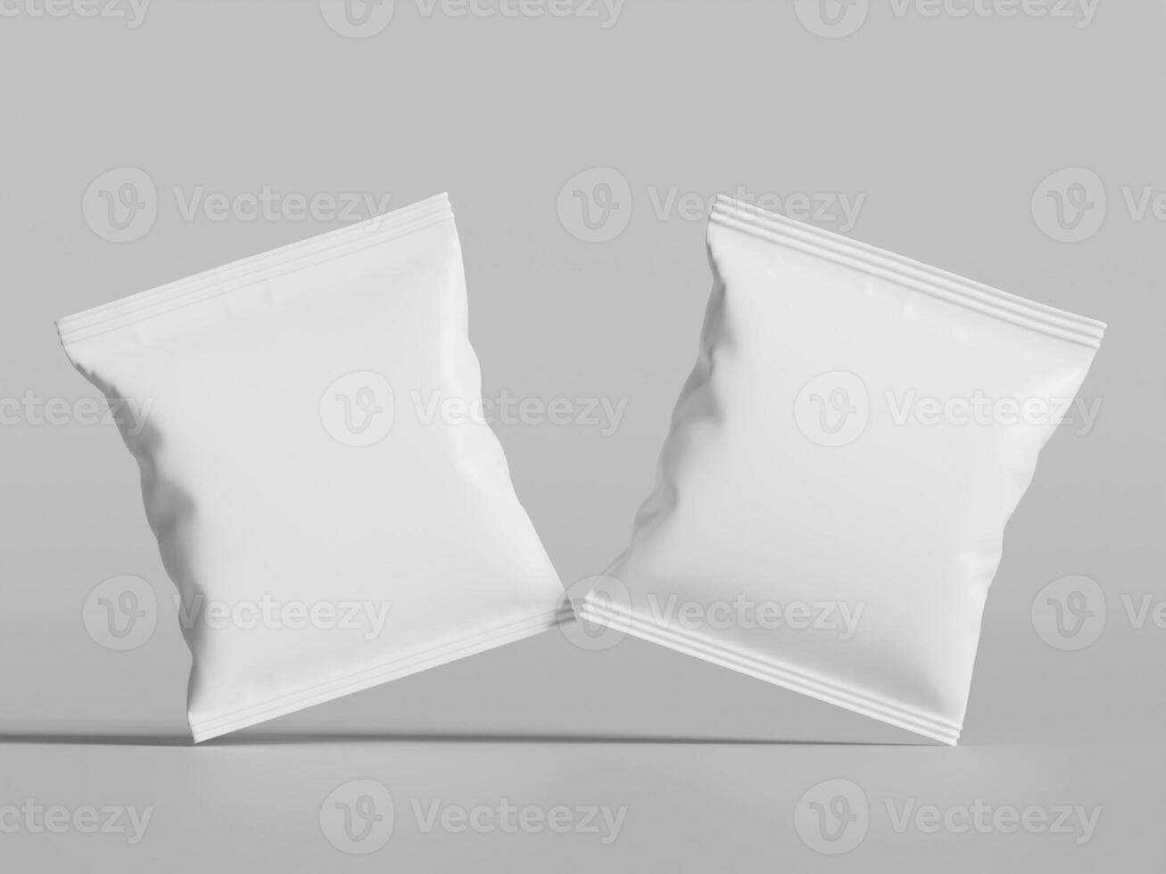 two white snack bags angled inward soft grey background simple product mockup photo