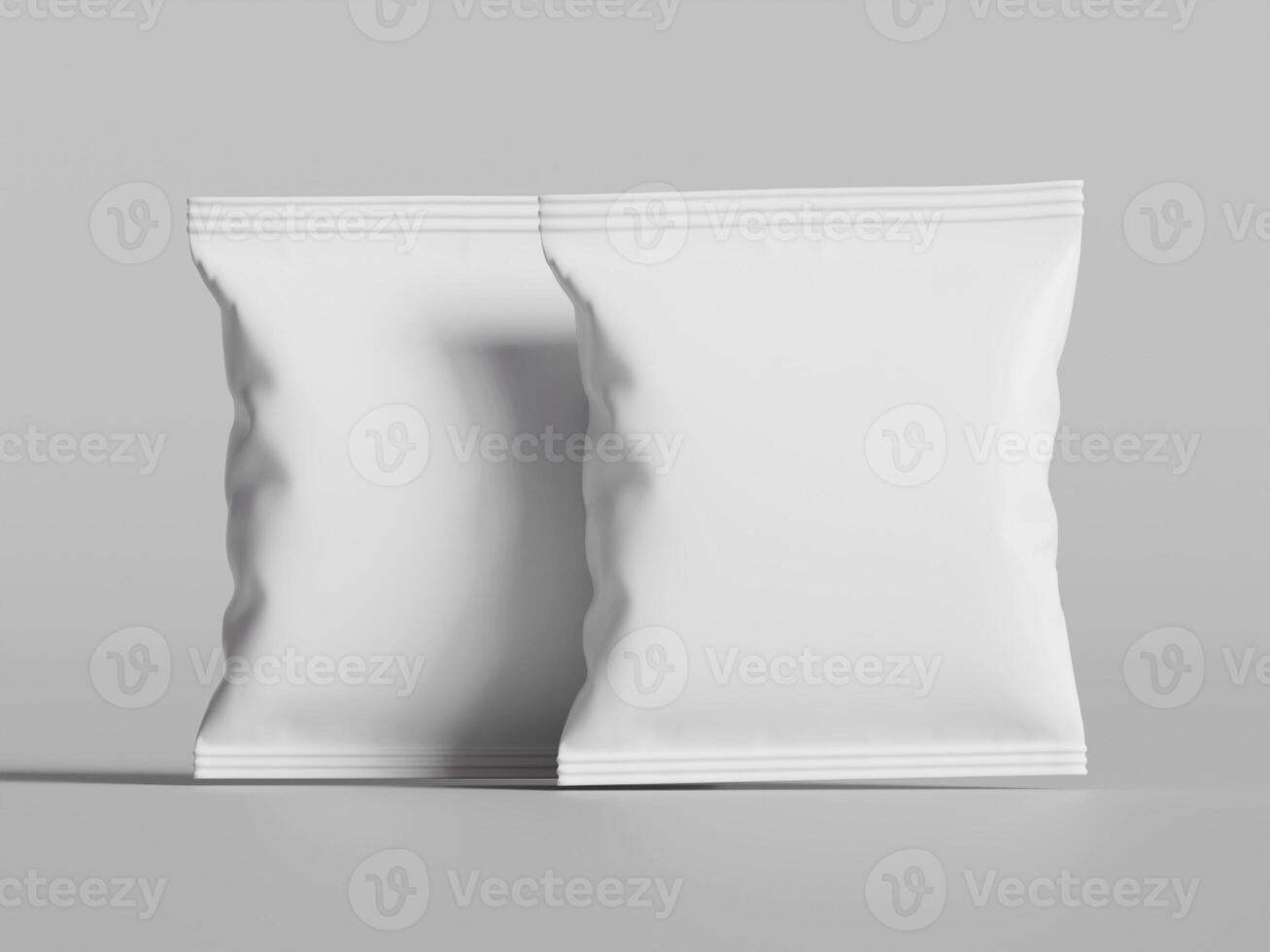 two white snack bags standing side by side soft grey background simple design focus photo