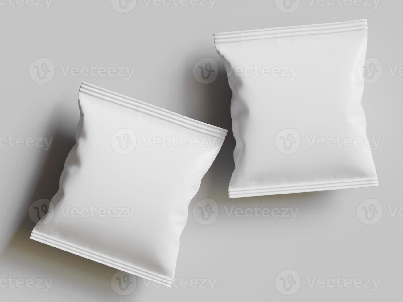 two white snack bags slightly overlapping soft grey background minimal packaging mockup photo