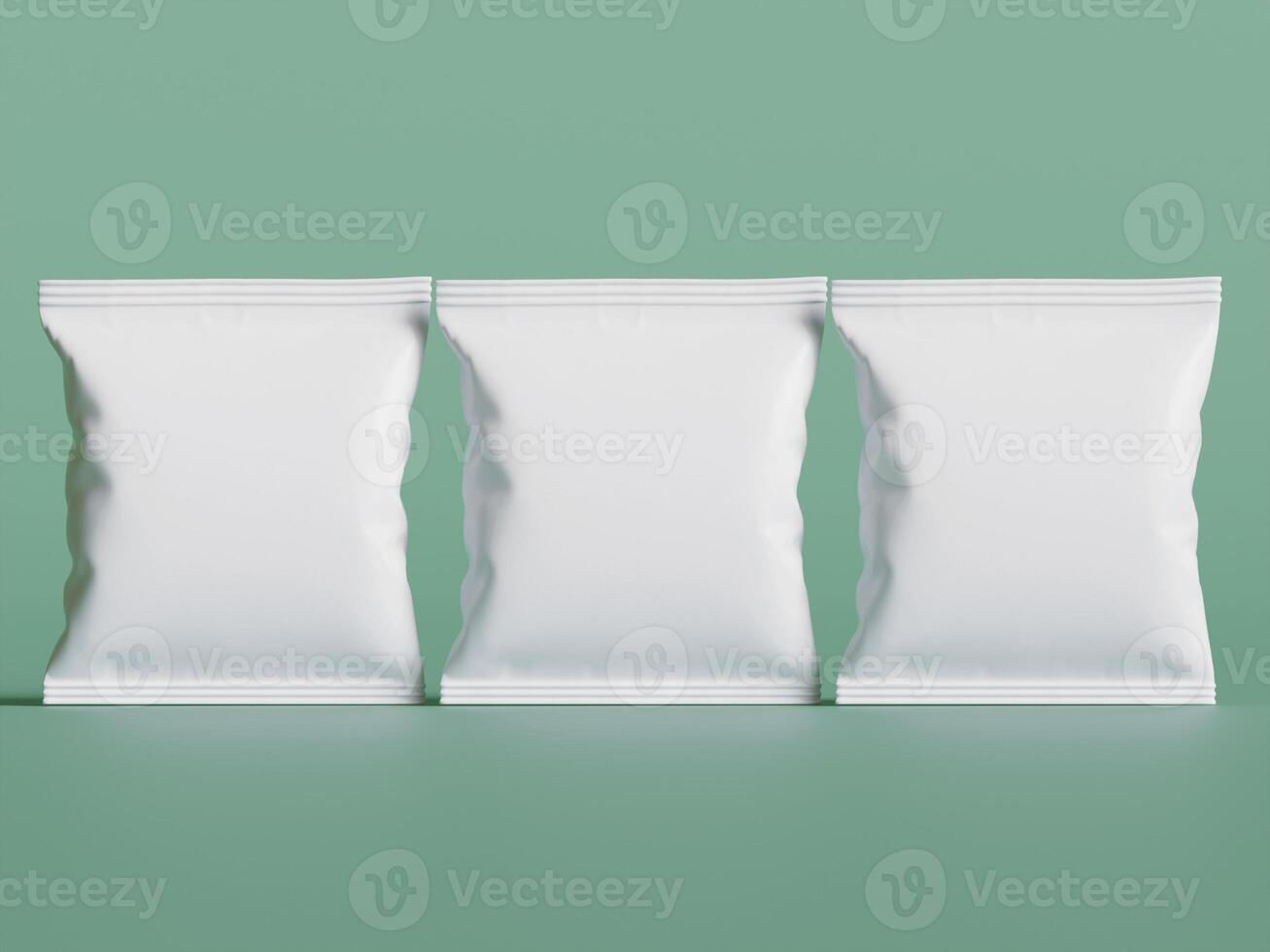 three white snack bags aligned upright soft green background simple presentation front view photo