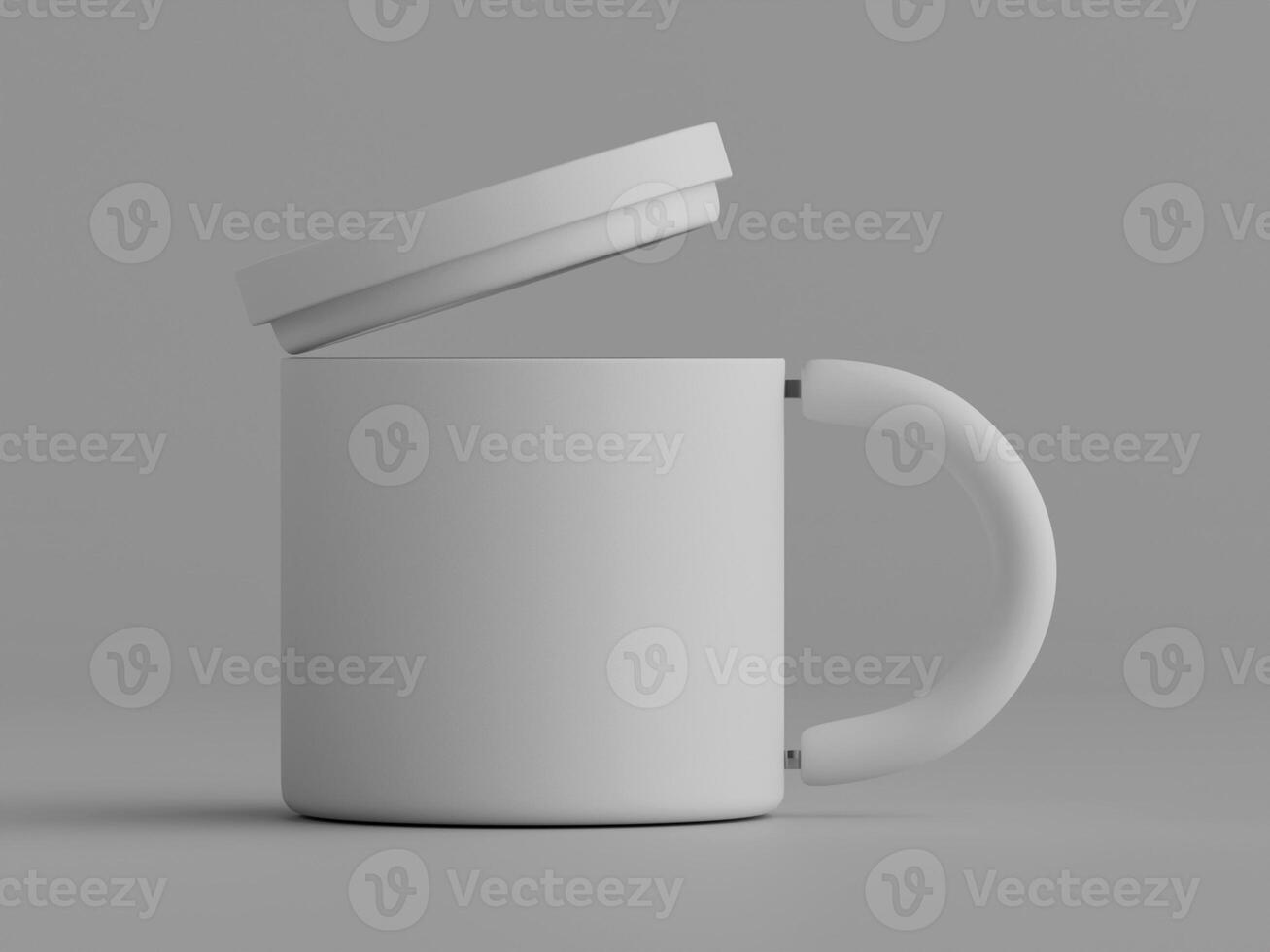 single plain mug with lid slightly open modern design grey background soft shadows photo