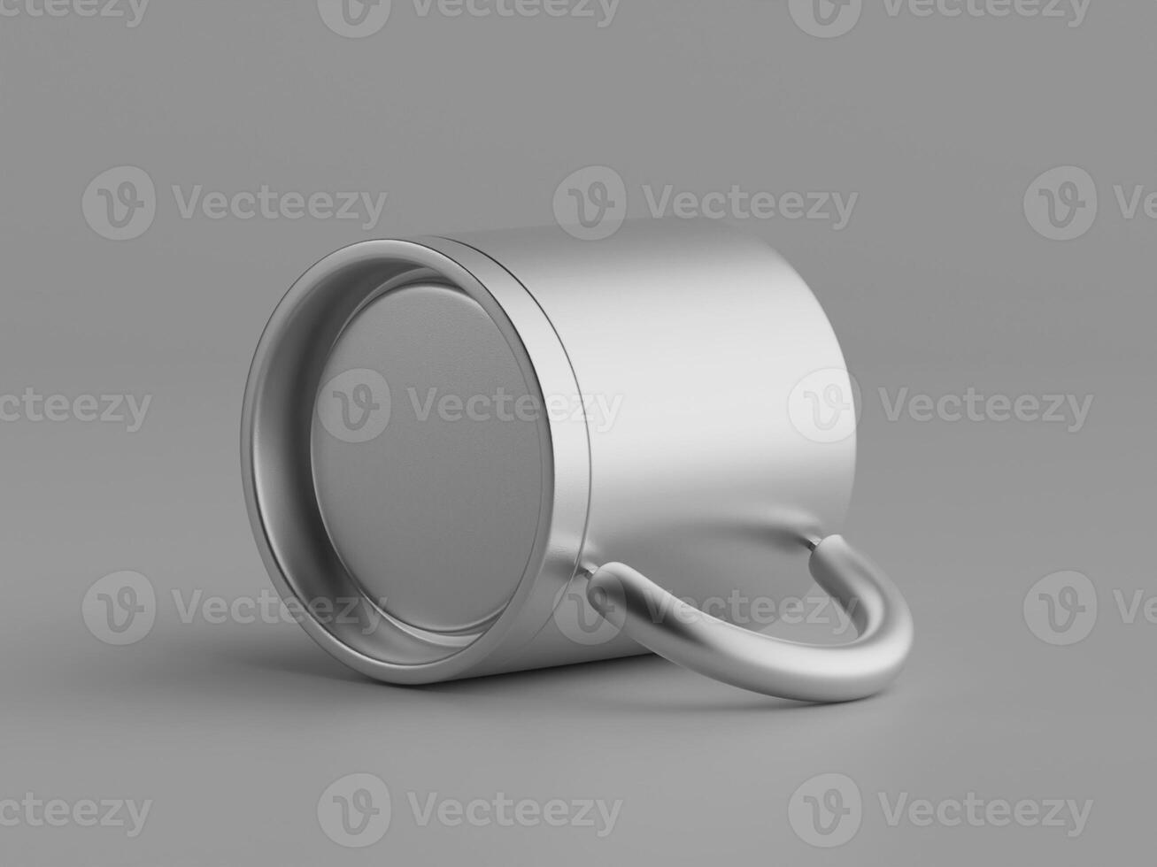single metallic mug lying on side bottom view clean grey background soft shadows photo