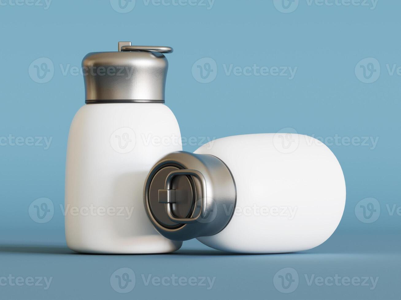 two mini stainless steel mugs one white one light blue placed on light blue background soft shadows photo