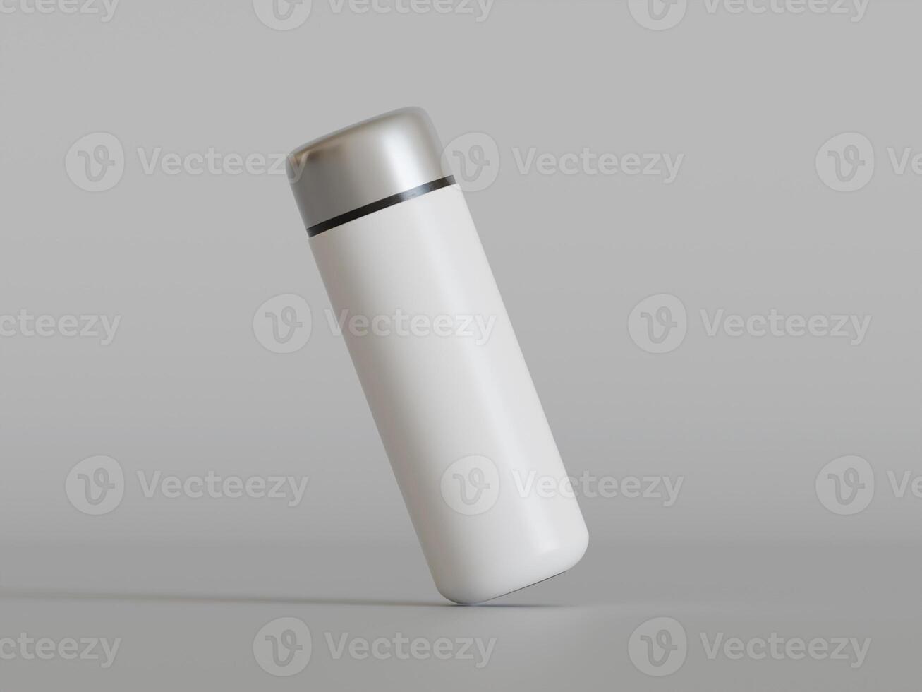 white insulated bottle leaning to the side grey background soft shadows photo