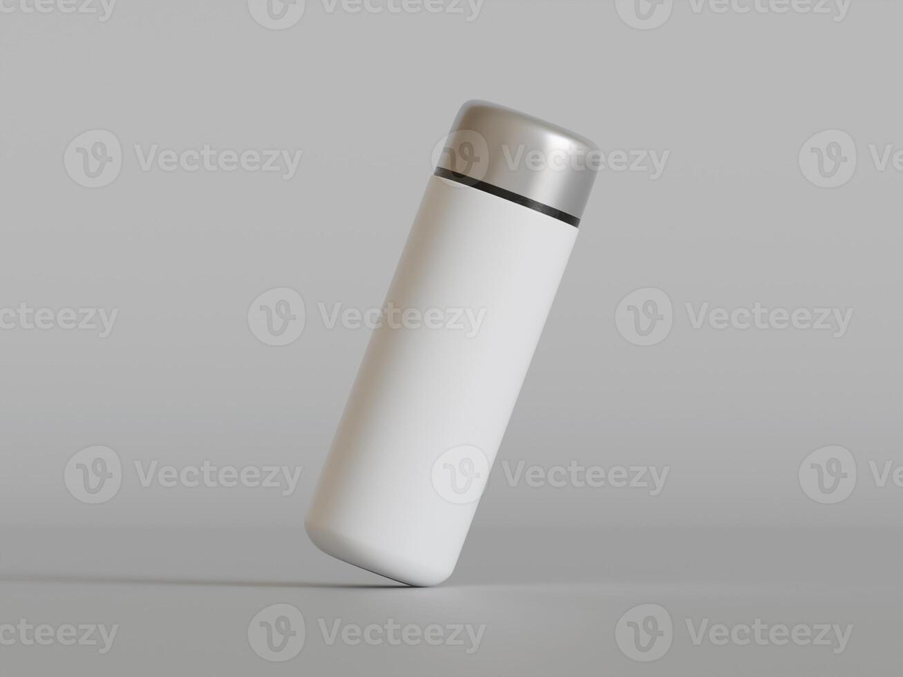 white insulated bottle slightly tilted grey background soft shadows photo