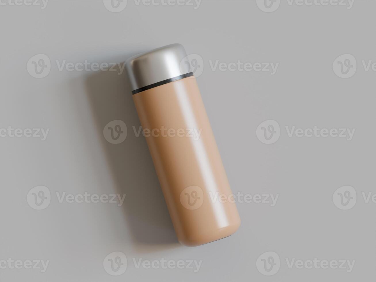 beige insulated bottle slightly tilted grey background soft shadows photo