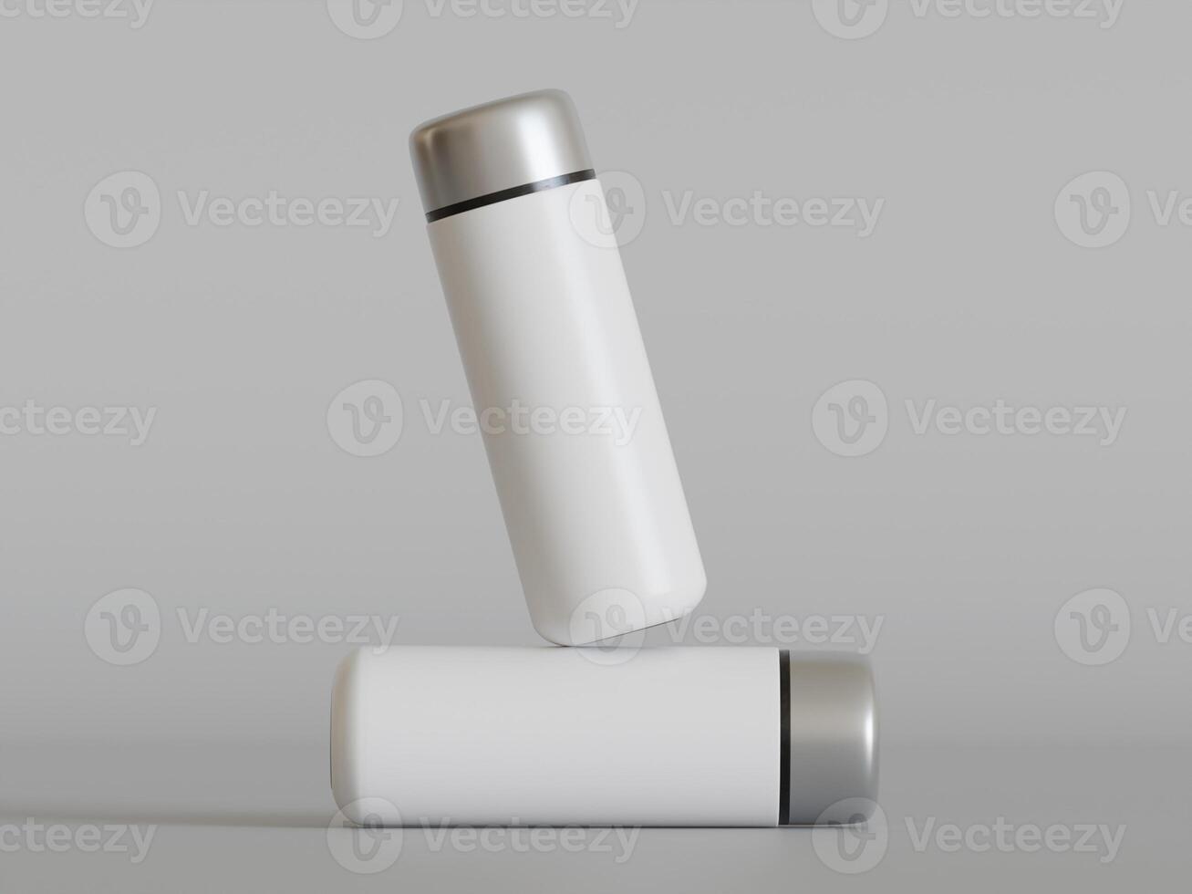 white insulated bottle balanced on horizontal bottle grey background soft shadows photo
