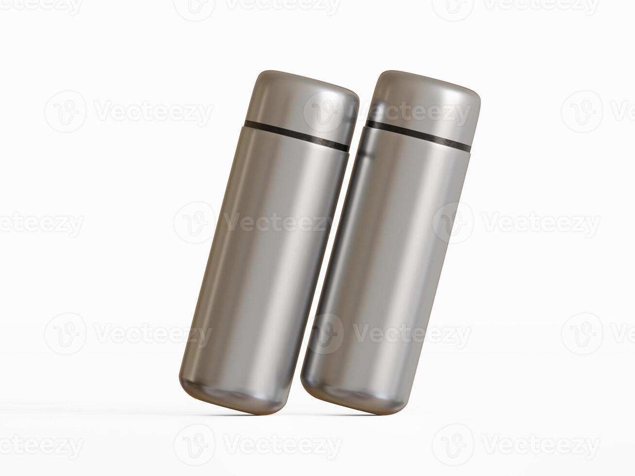 two silver mini water bottles leaning slightly white background soft shadows photo
