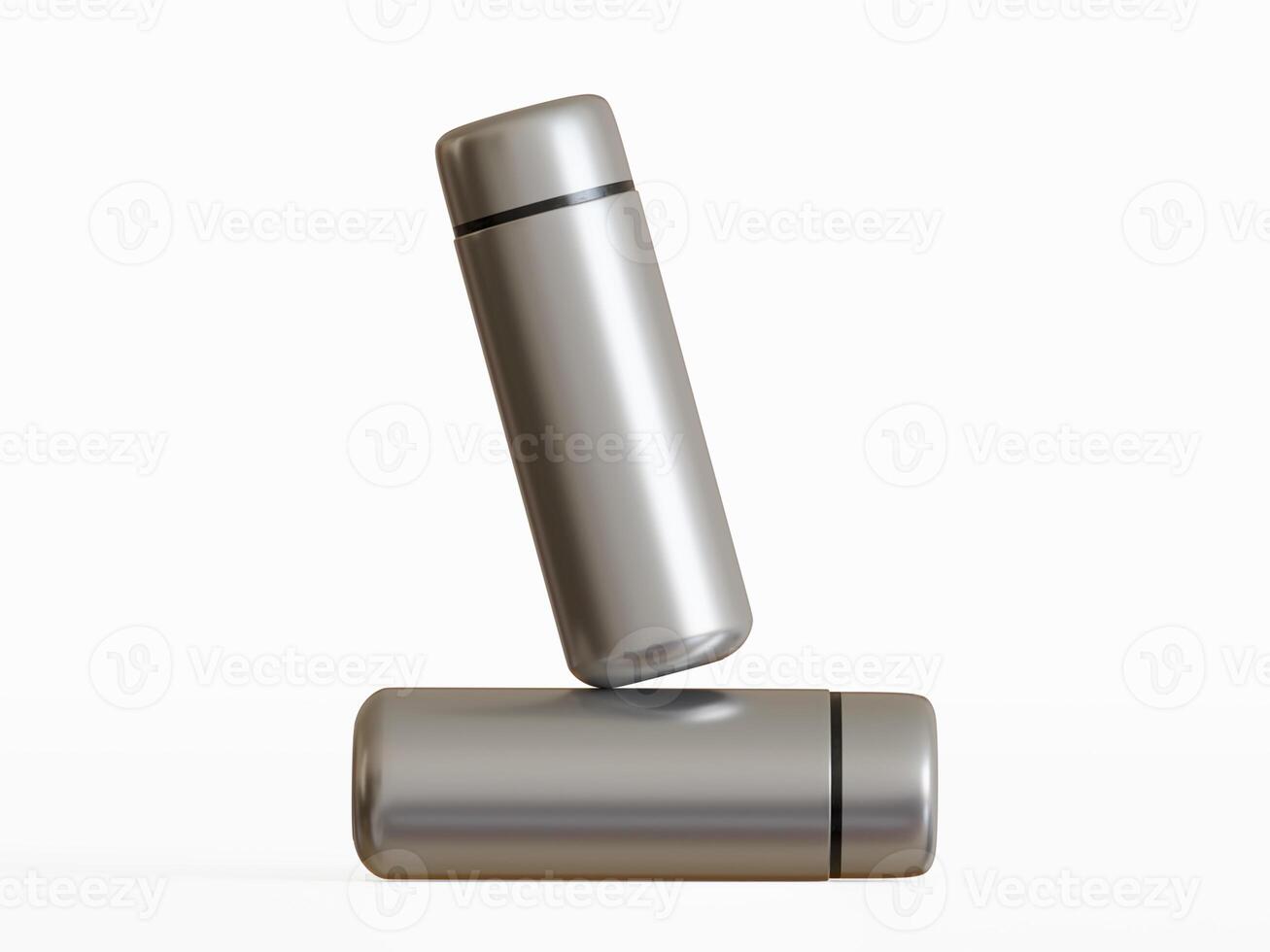 silver mini water bottle balanced on horizontal bottle clean white background soft shadows photo