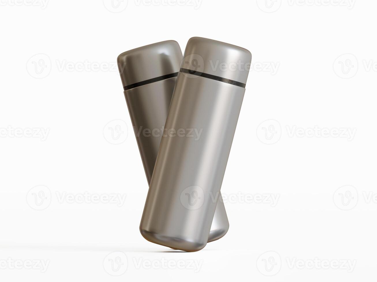 two silver mini water bottles leaning together white background soft shadows photo