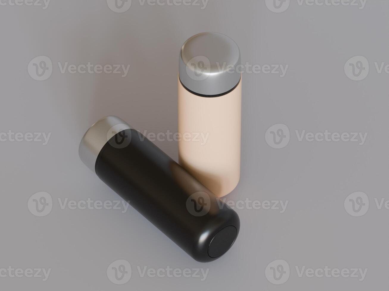 two water bottles one black and one beige leaning against each other on soft gray background photo